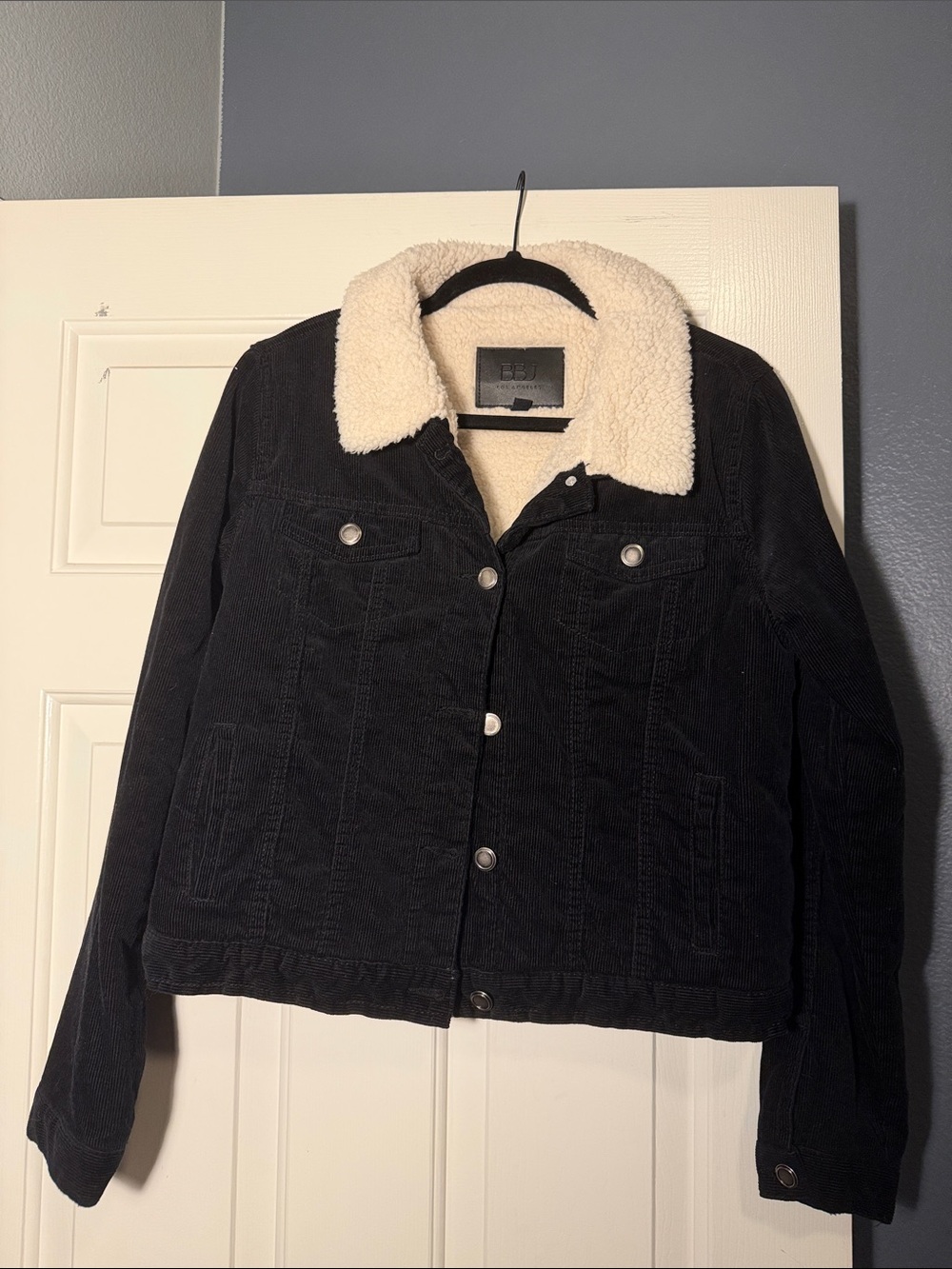 Women's Black cord Jacket with Cream Sherpa Collar